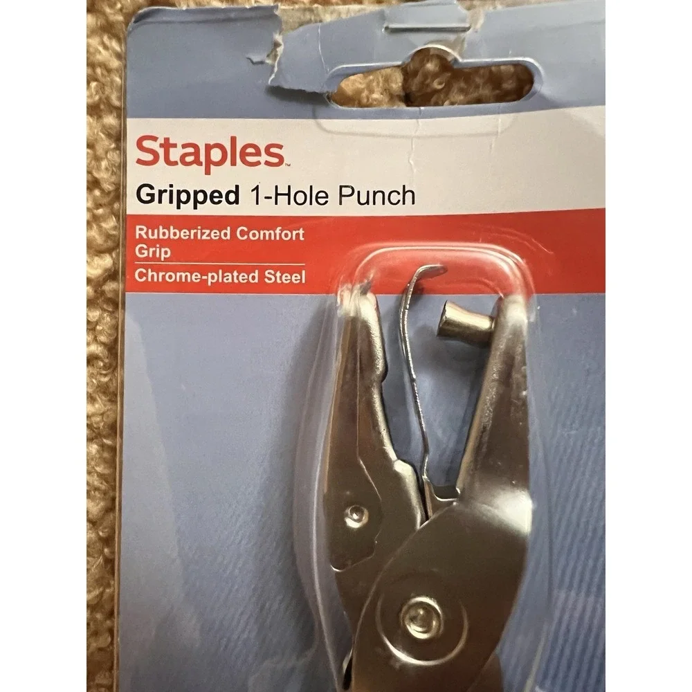 Staples Gripped 1-Hole Punch, Rubberized, Chrome-Plated Steel